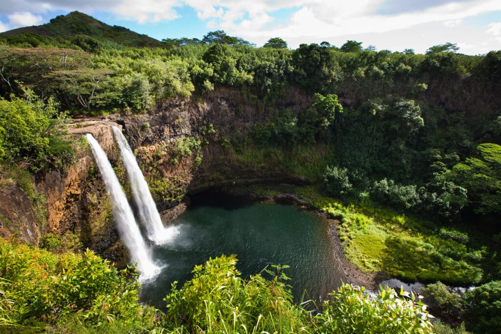 Aerial View of Wailua Falls in Kauai, Hawaii.