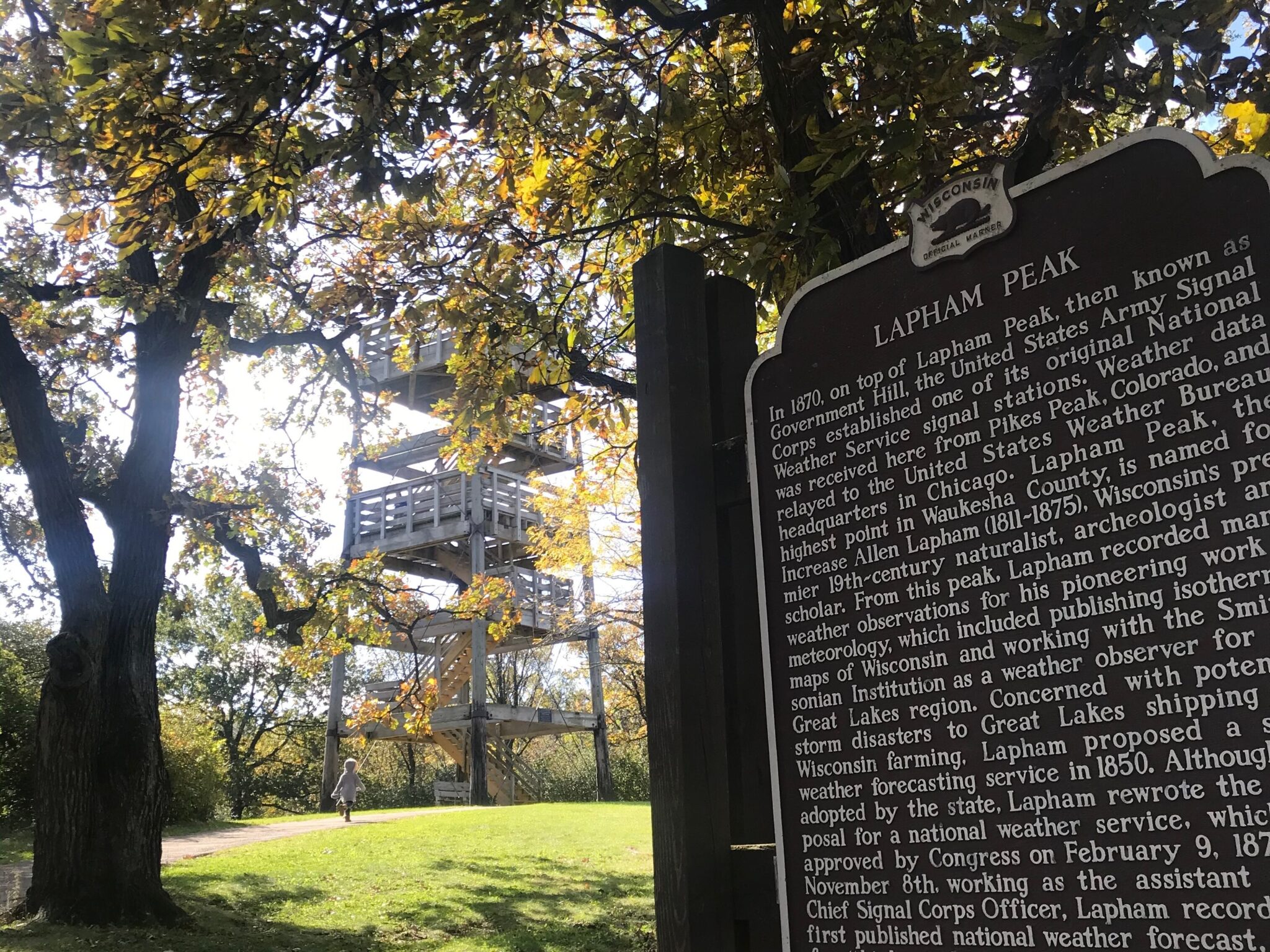 Historic marker entitled Lapham Peak with a tall observation tower and a large tree at Kettle Moraine State Forest