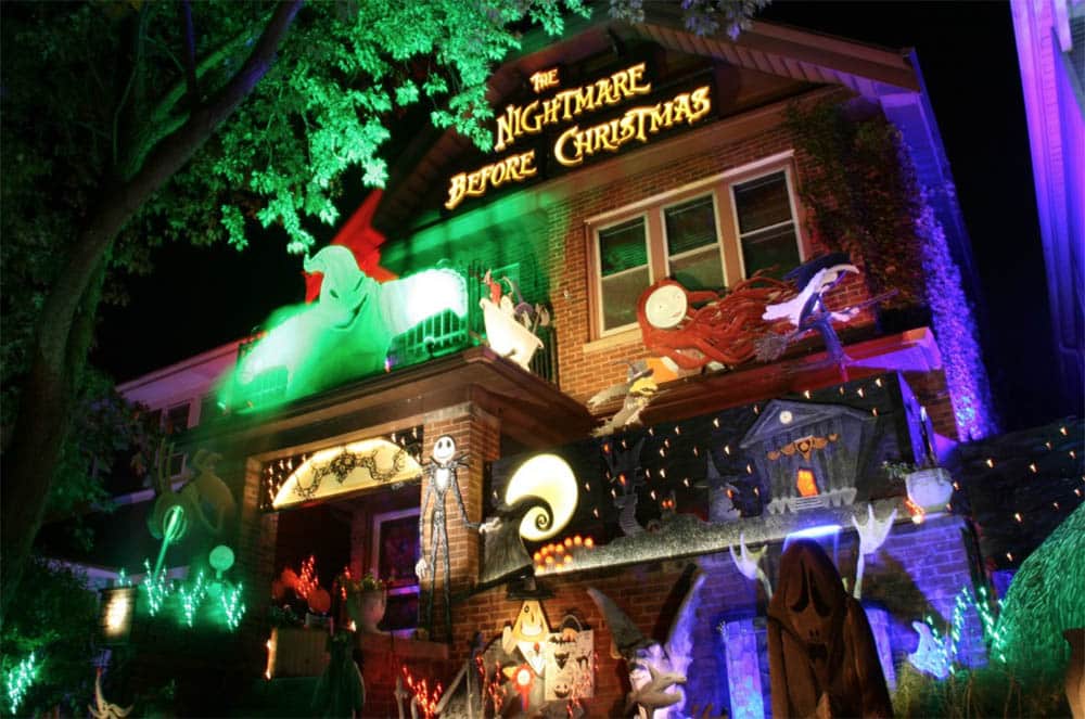 Illuminated Nightmare Before Christmas Halloween display on a bungalow in Bay View Milwaukee