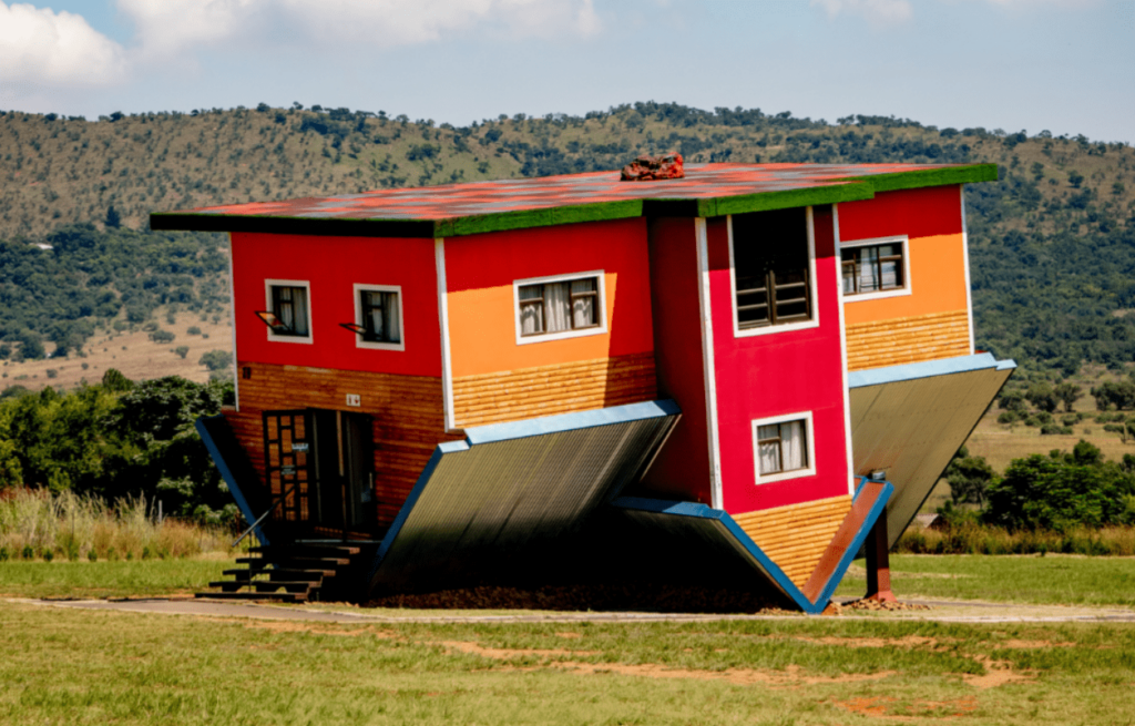 Upside Down red and orange house.