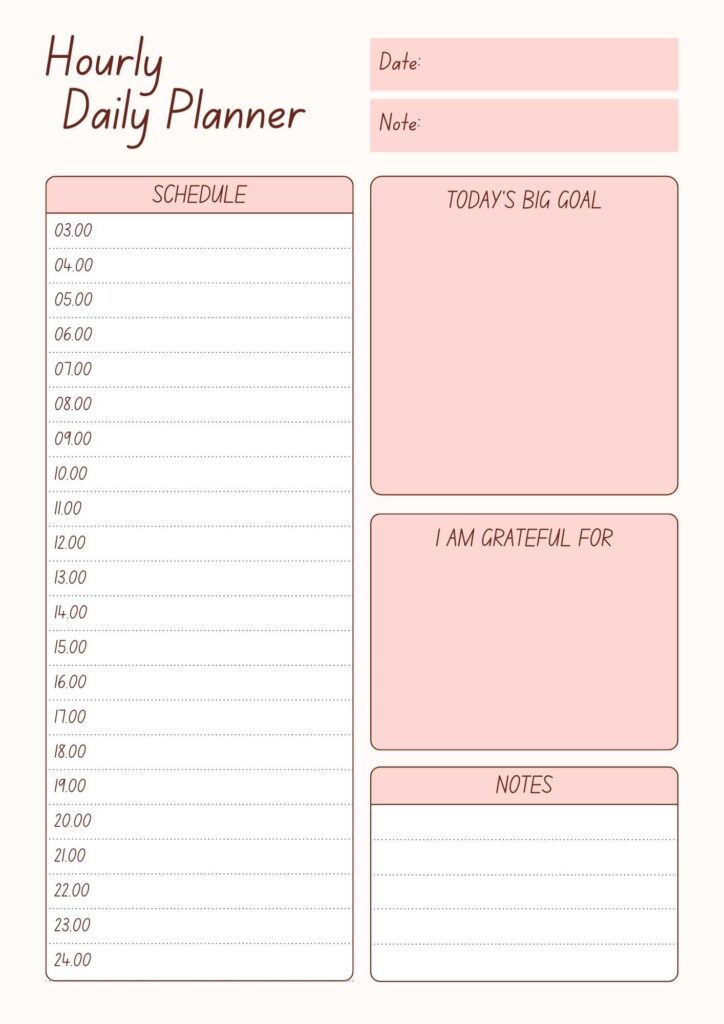 printable daily calendar by hour in simple pink.