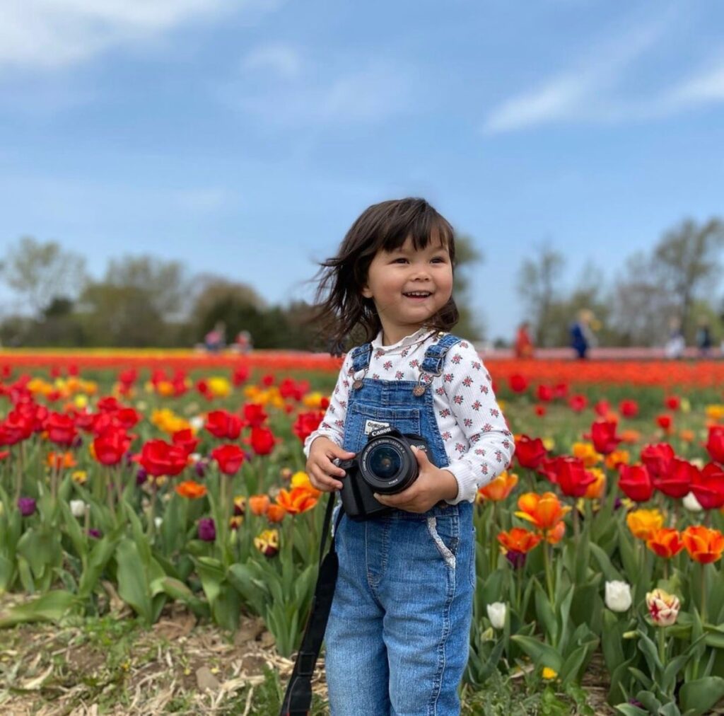 child with camera in tulip field atRichardson Adventure Farm Spring Grove Illinois