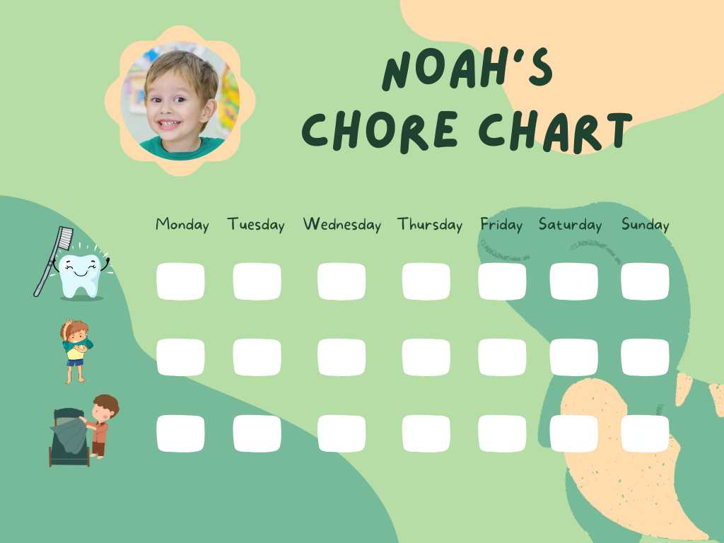 Personalized chore chart for 'Noah,' featuring a green background with illustrations of a toothbrush, a child getting ready for school, and making the bed. A photo placeholder is at the top. Days of the week are listed with blank squares for tasks.
