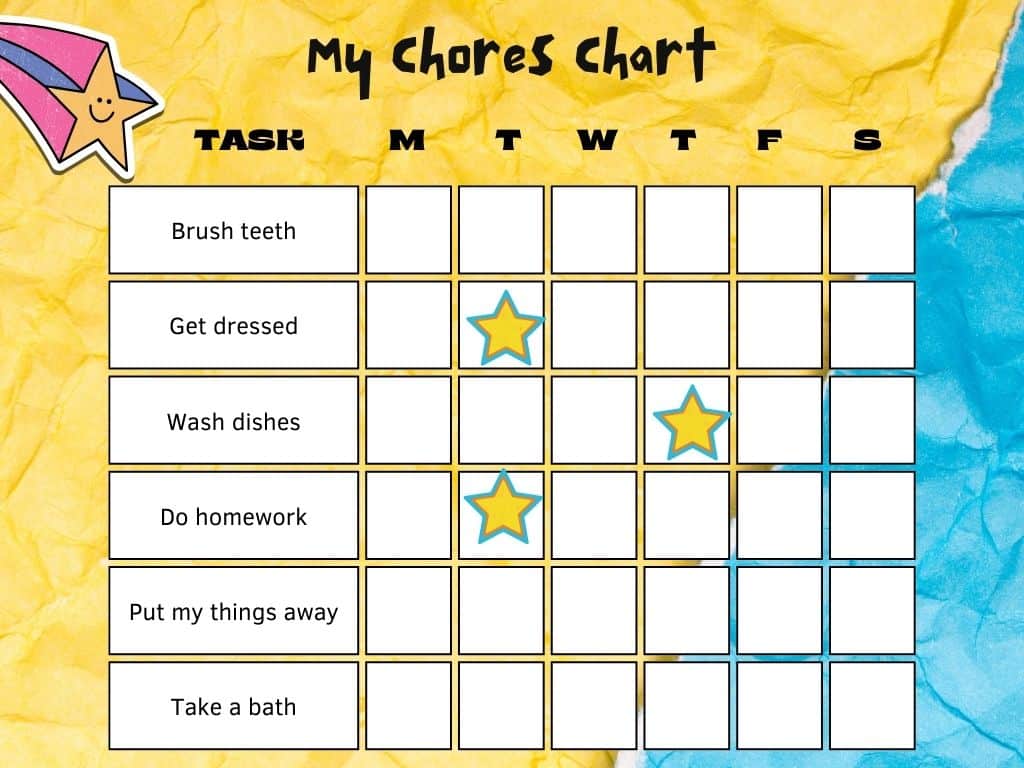 Fun, crumpled paper-style chore chart with a shooting star illustration. It lists specific tasks like brushing teeth, getting dressed, washing dishes, and doing homework. Stars mark completed tasks for some days.