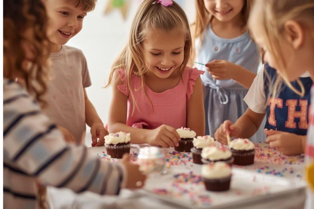 Children putting sprinkles on top of a cupcake in a cupcake decorating party.