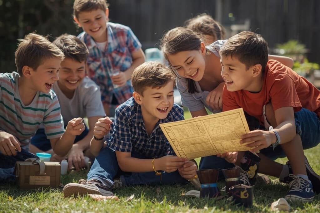 Kids looking at a treasure map to illustrate a treasure hunt party for younger kids.