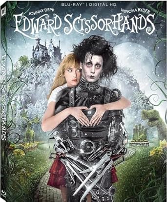 Movie cover of “Edward Scissorhands” – a touching story of uniqueness and love in a pastel world.
