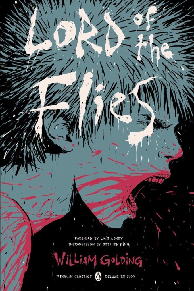 Book cover of “Lord of the Flies” by William Golding – gripping allegory of civilization breaking down among stranded boys.