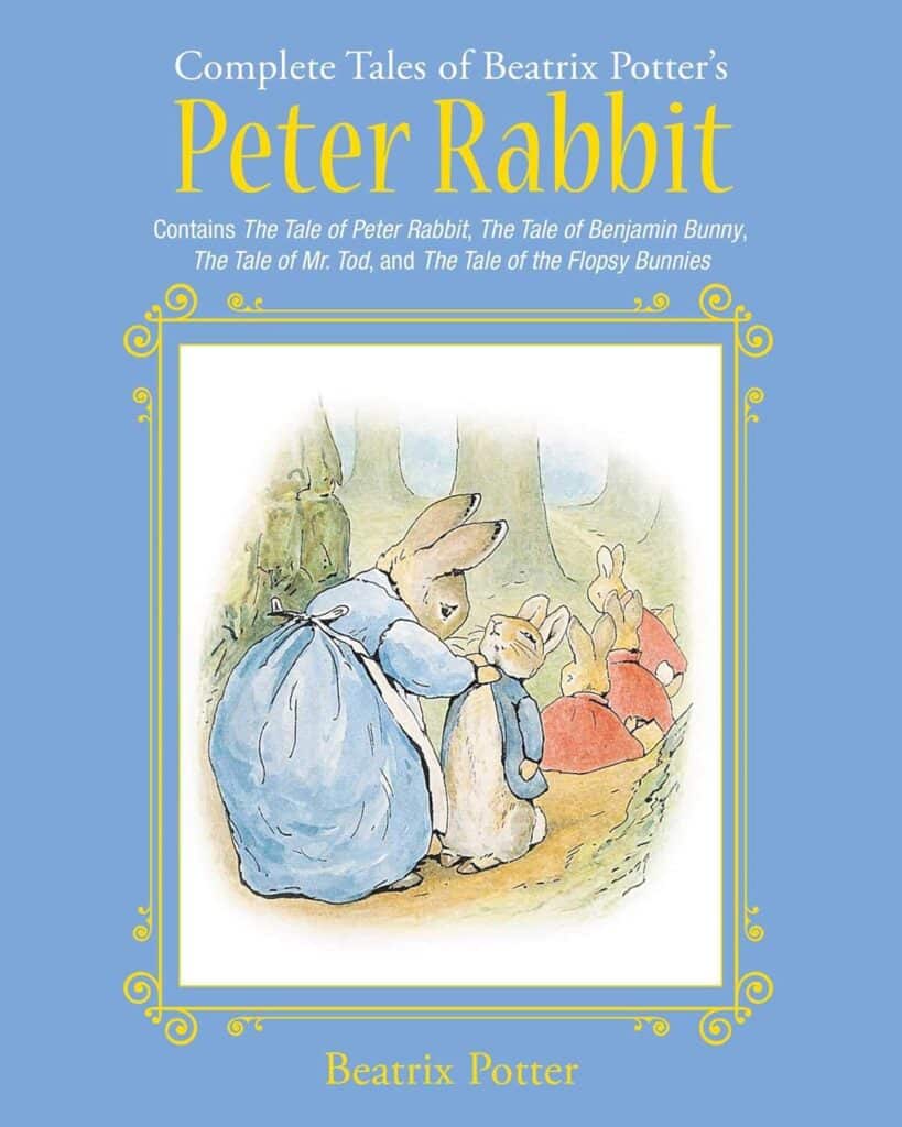 Book cover of “The Tale of Peter Rabbit” by Beatrix Potter – mischievous bunny sneaks into Mr. McGregor’s garden.