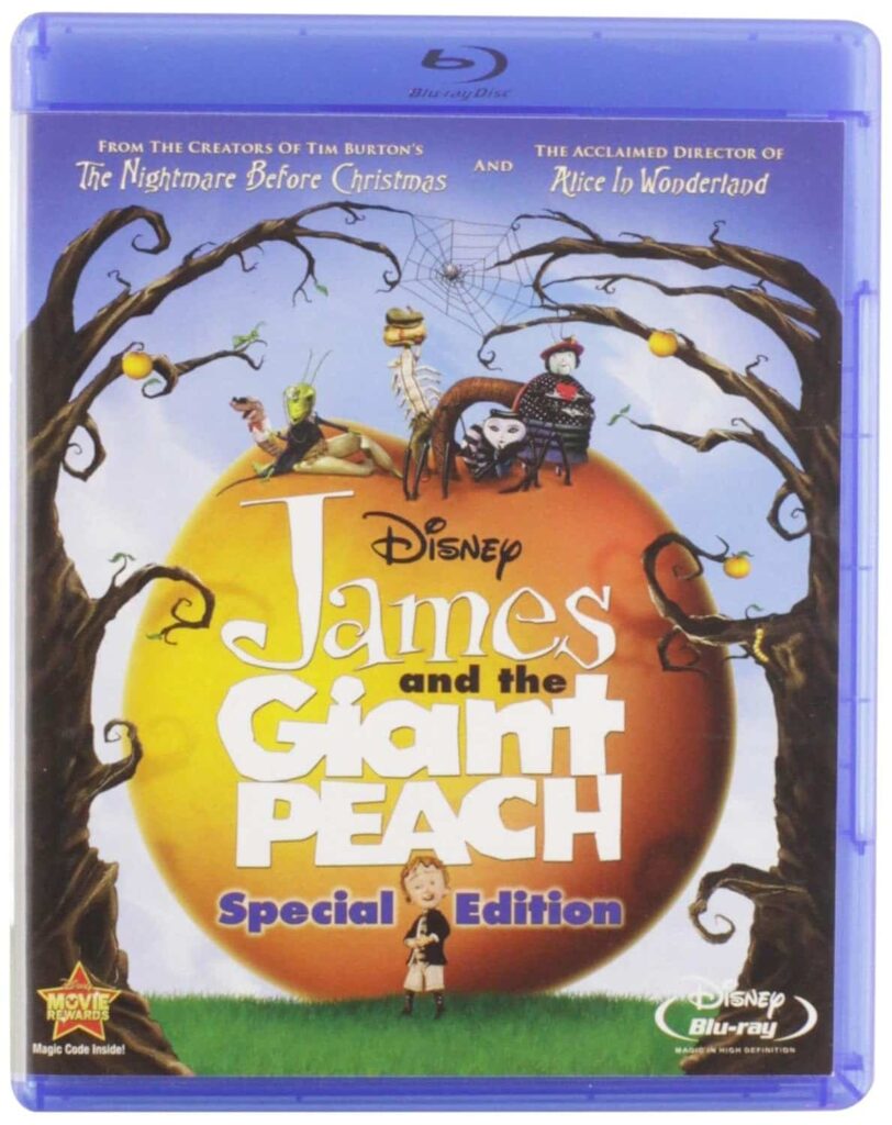Movie cover of “James and the Giant Peach” – magical journey with a boy and giant insects across the ocean.