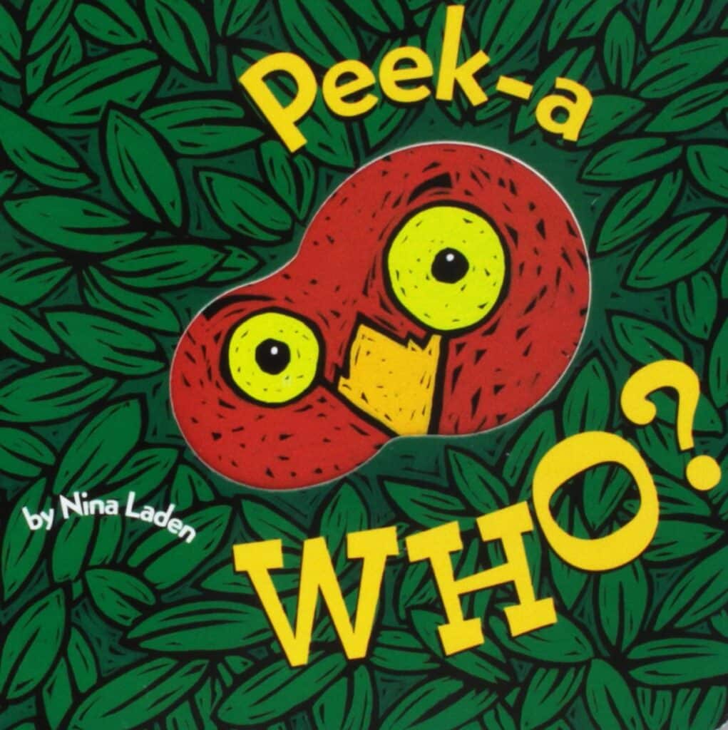 Book cover of “Peek-a-Who?” by Nina Laden – playful peek-through board book for babies.