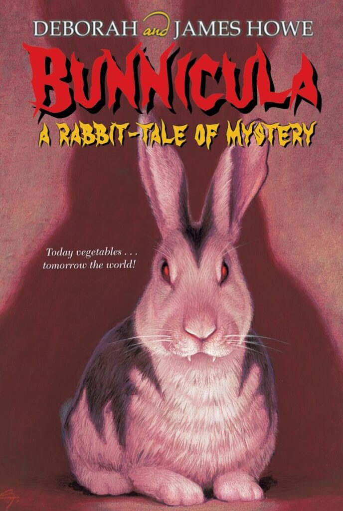 Book cover of "Bunnicula" by Deborah Howe – humorous story about a vampire bunny terrorizing vegetables