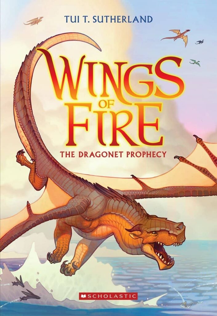 Book cover of “The Dragonet Prophecy” by Tui T. Sutherland – exciting fantasy about friendship and bravery.