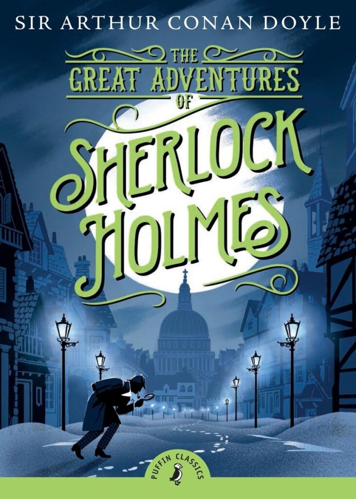 Book cover of “The Great Adventures of Sherlock Holmes” by Arthur Conan Doyle – iconic detective solves cunning mysteries.