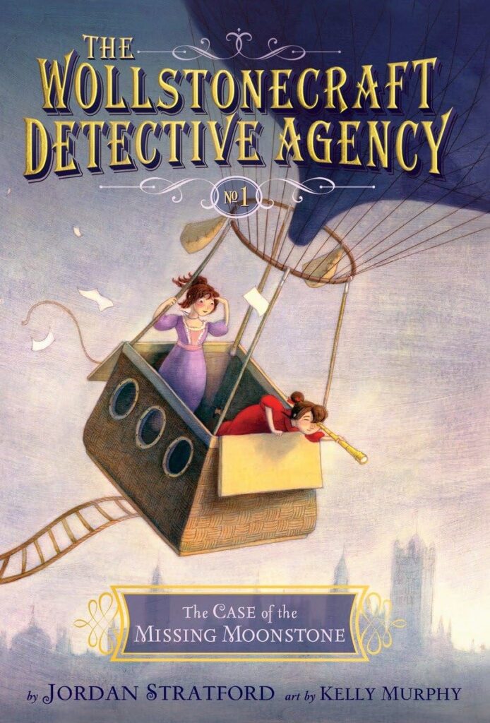 Book cover of "The Wollstonecraft Detective Agency" by Jordan Stratford – mystery series featuring young Ada Lovelace and Mary Shelley solving crimes
