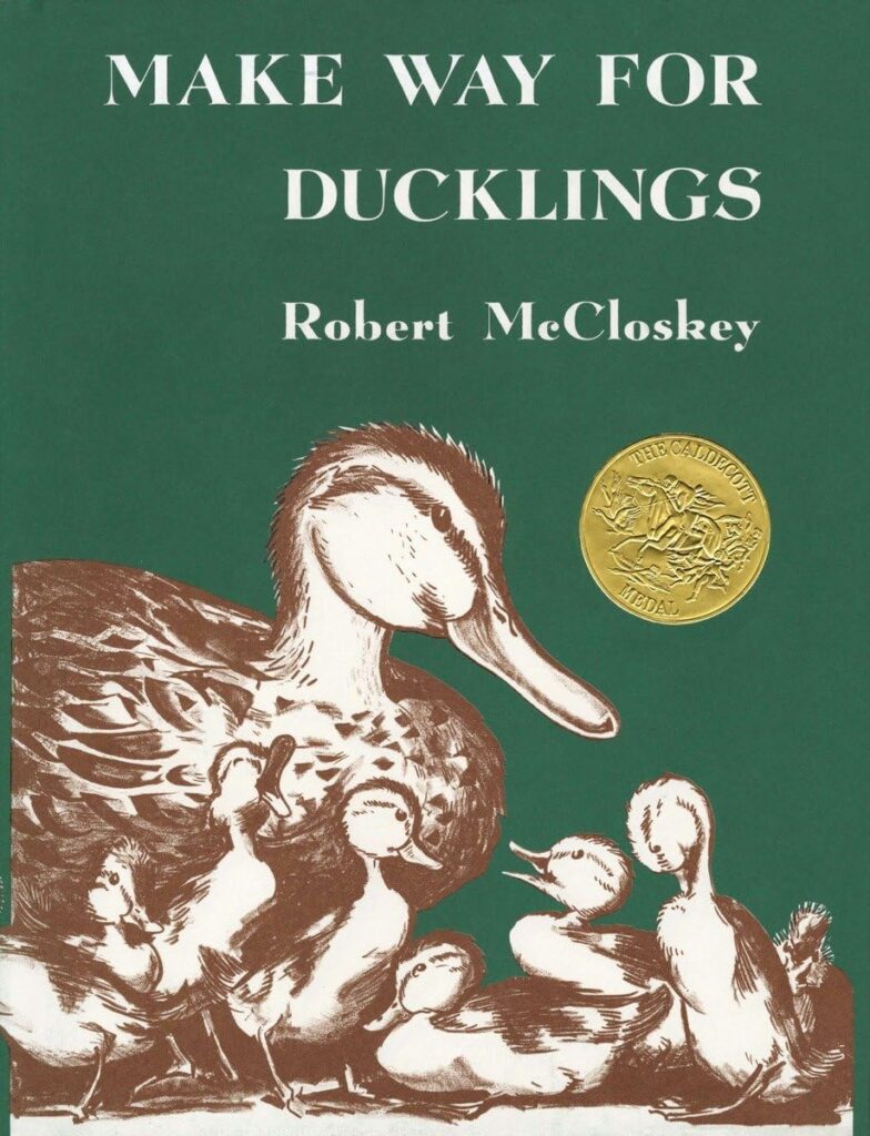 Book cover of “Make Way for Ducklings” by Robert McCloskey – charming story of a duck family finding a home in Boston.