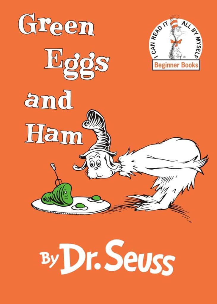 Book cover of “Green Eggs and Ham” by Dr. Seuss – silly rhyming story encouraging kids to try new things.