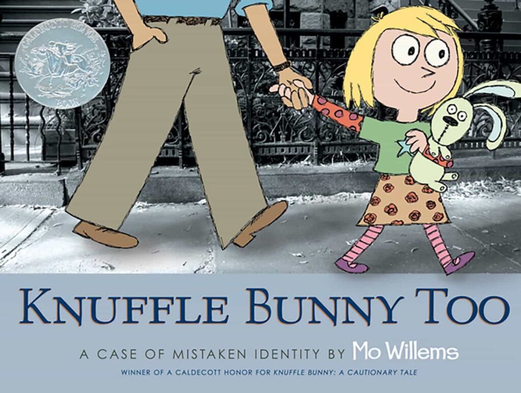Book cover of “Knuffle Bunny” by Mo Willems – funny tale about family love and lost teddy bears.