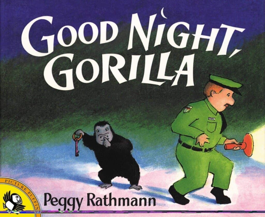 Book cover of “Good Night, Gorilla” by Peggy Rathmann – silly bedtime story about zoo animals.