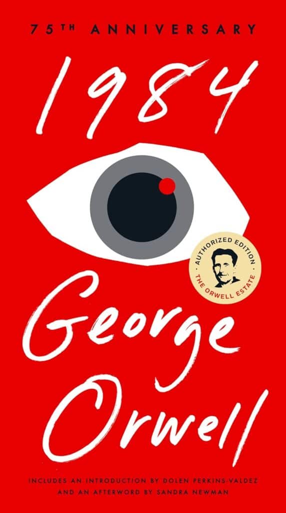Book cover of “1984” by George Orwell – chilling dystopian tale of surveillance and totalitarianism.