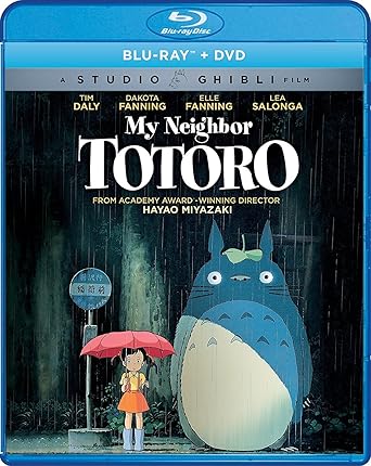 Blu-ray cover of Studio Ghibli’s My Neighbor Totoro, featuring Totoro holding an umbrella next to a little girl in the rain.