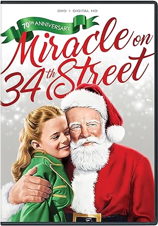 Movie cover of “Miracle on 34th Street” – heartwarming Christmas story about believing in Santa.