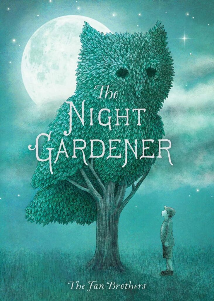 Book cover of "The Night Gardener" by Jonathan Auxier – gothic horror about two siblings working in a haunted house.