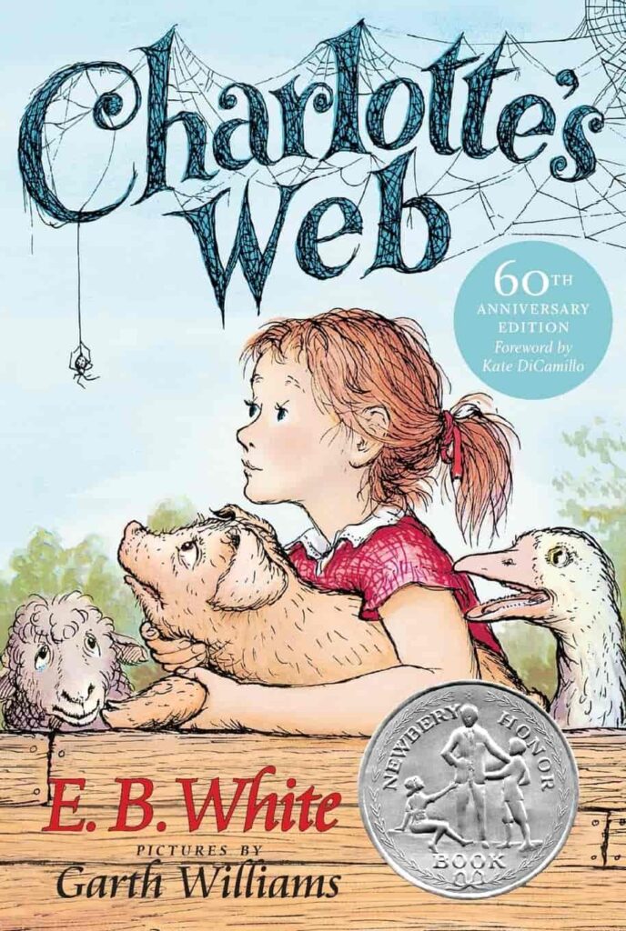 Book cover of “Charlotte’s Web” by E.B. White – classic animal story about friendship for 4th graders.