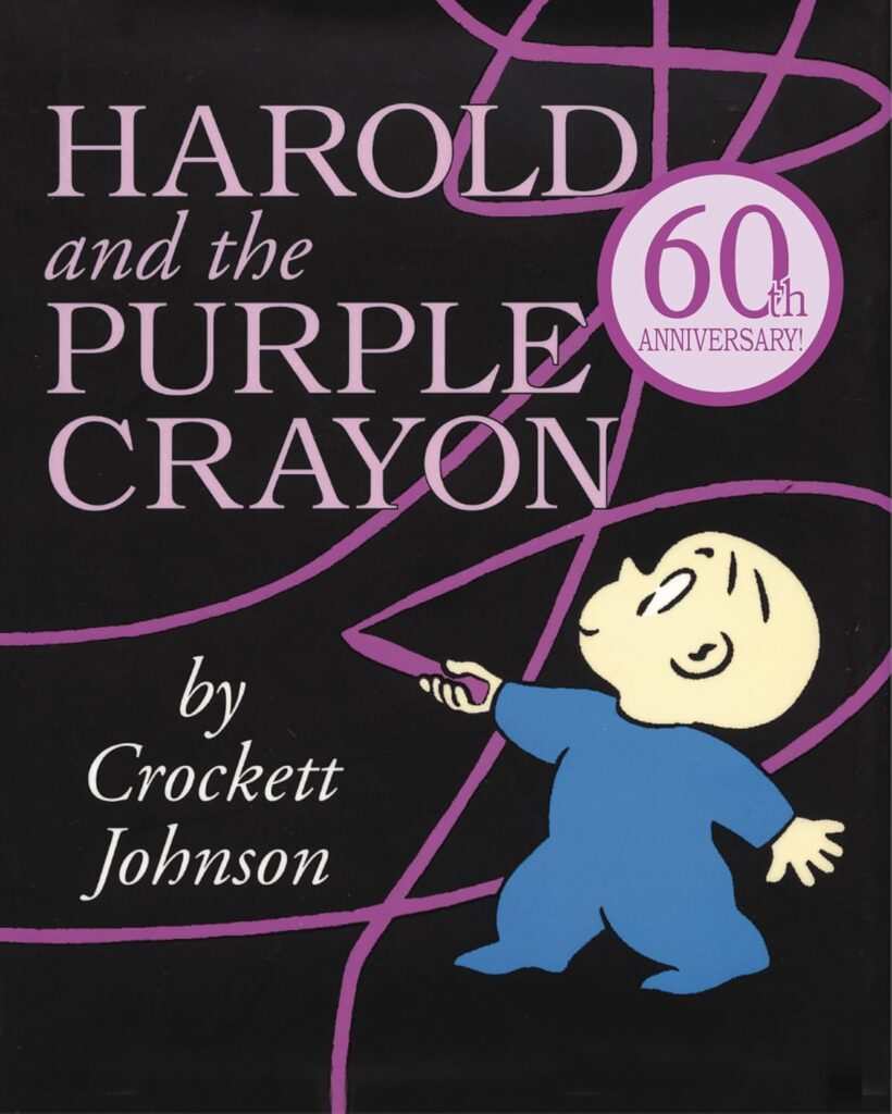 Book cover of “Harold and the Purple Crayon” by Crockett Johnson – imaginative story inspiring creativity.