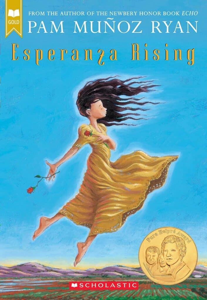 Book cover of “Esperanza Rising” by Pam Muñoz Ryan – story of a wealthy girl’s journey to resilience during the Great Depression.