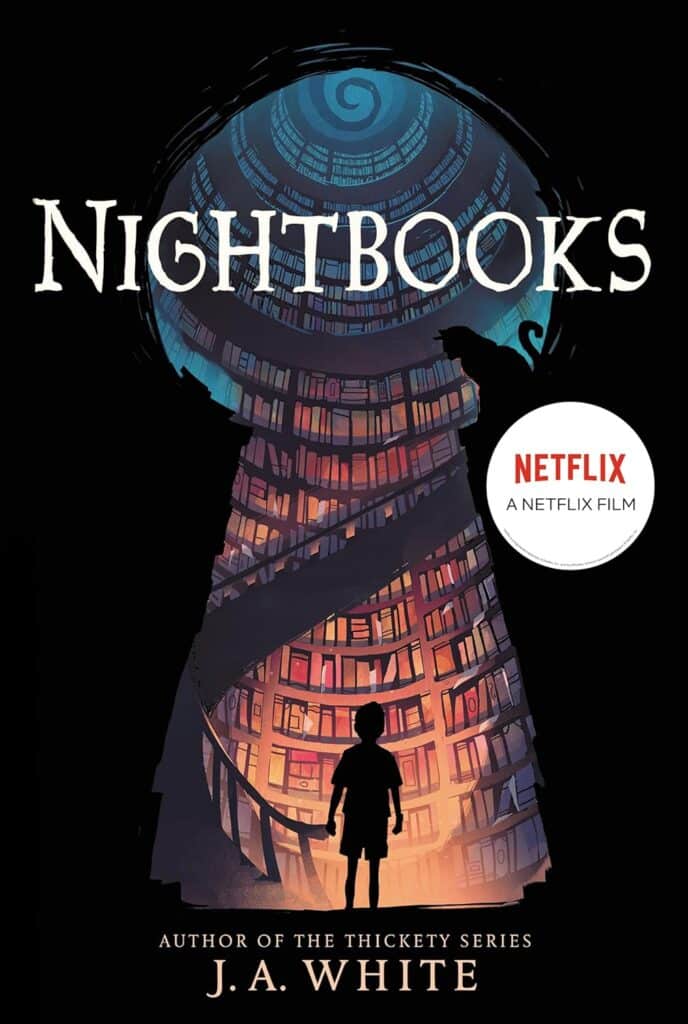Book cover of "Nightbooks" by J.A. White – story about a boy trapped by a witch who must tell scary stories to survive