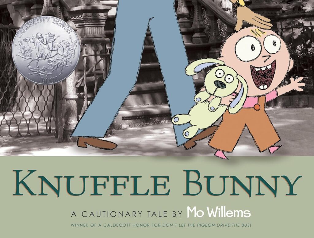 Book cover of “Knuffle Bunny: A Cautionary Tale” by Mo Willems – funny story of a lost stuffed bunny.