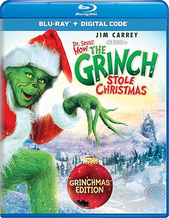 Movie cover of “How the Grinch Stole Christmas” – live-action tale about the Grinch discovering Christmas spirit.