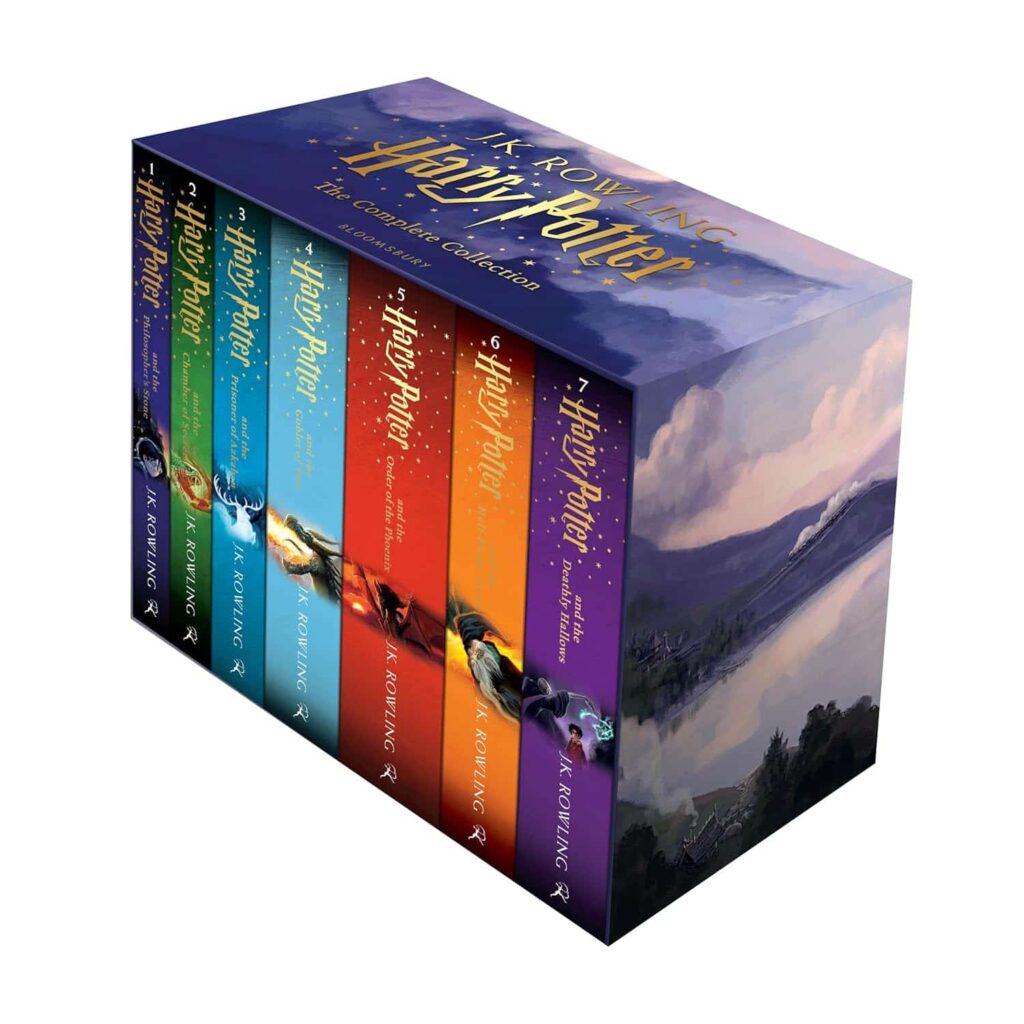 Book cover of “Harry Potter” by J.K. Rowling – beloved fantasy series about courage and friendship.