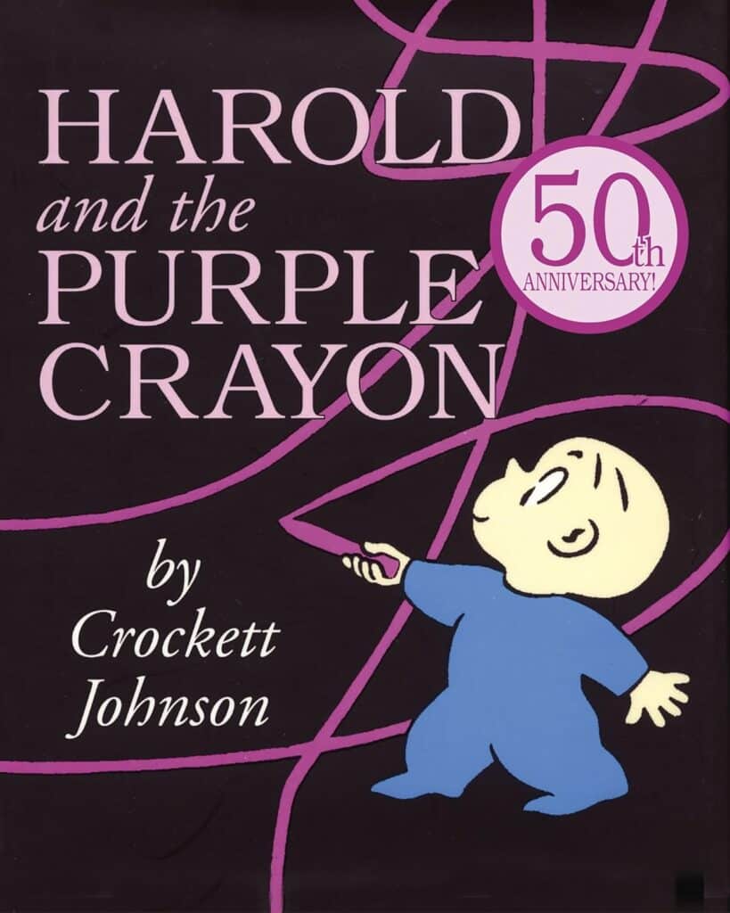 Book cover of “Harold and the Purple Crayon” by Crockett Johnson – imaginative story about creativity.