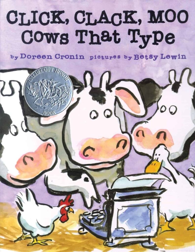 Book cover of “Click Clack Moo Cows That Type” – funny farmyard story teaching problem-solving.