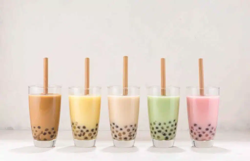 Colorful boba tea drinks lined up for a kids birthday party