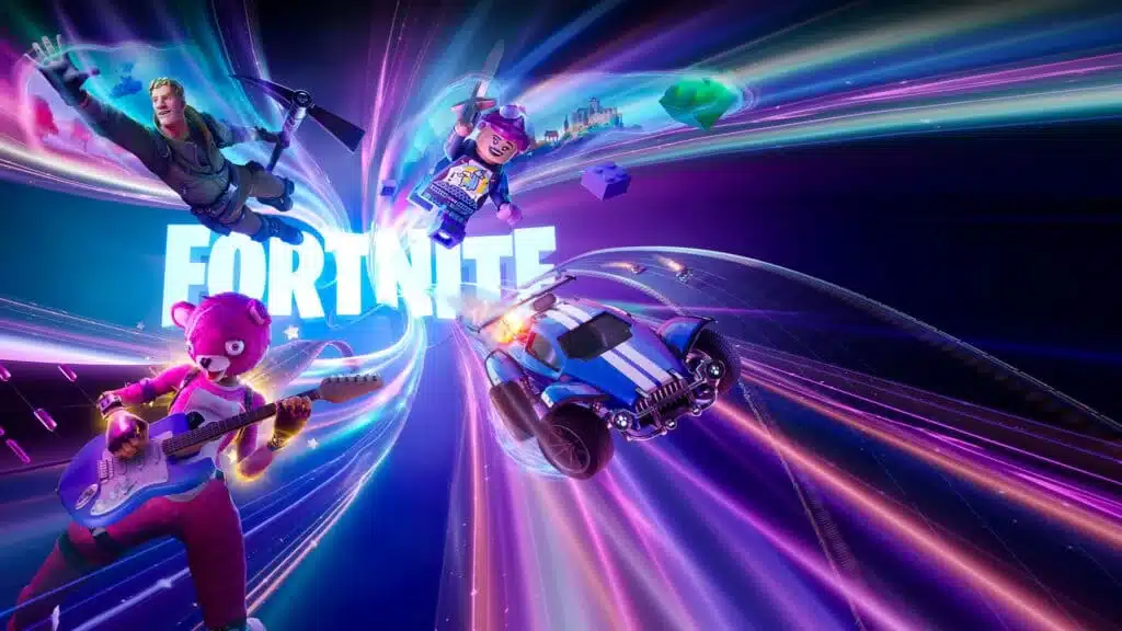 Fortnite characters flying through colorful action-filled game scene