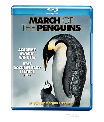 Blu-ray cover of March of the Penguins, featuring a close-up of an emperor penguin with its chick.