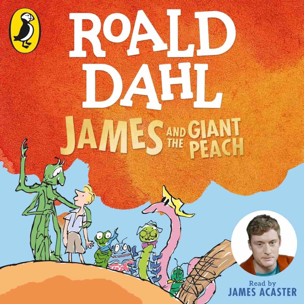 Book cover of “James and the Giant Peach” by Roald Dahl – imaginative adventure about friendship and bravery.