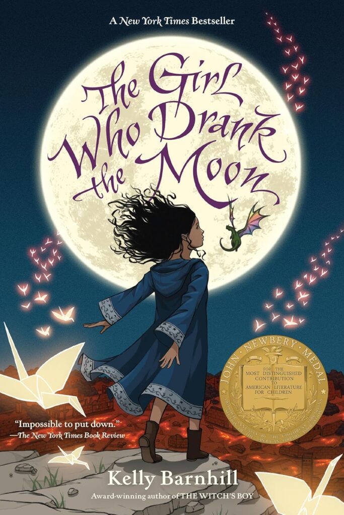 Book cover of "The Girl Who Drank the Moon" by Kelly Barnhill – fantasy about a witch, a dragon, and a girl with dangerous magic