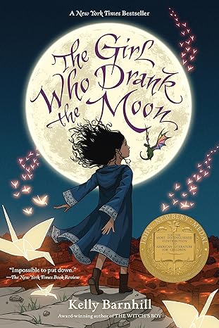 Book cover of “The Girl Who Drank the Moon” by Kelly Barnhill – enchanting story about magic and identity.
