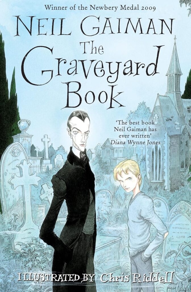 Book cover of "The Graveyard Book" by Neil Gaiman – tale of a boy raised by ghosts in a graveyard after his family's murder
