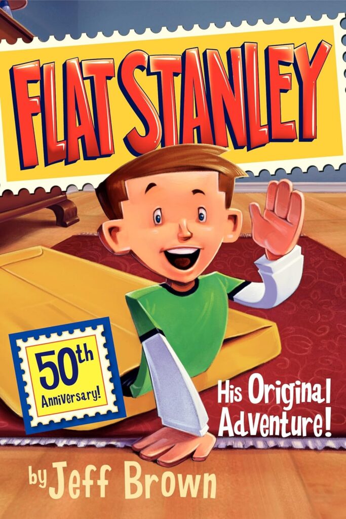 Book cover of “Flat Stanley” by Jeff Brown – imaginative adventures of a boy who becomes flat after an accident.