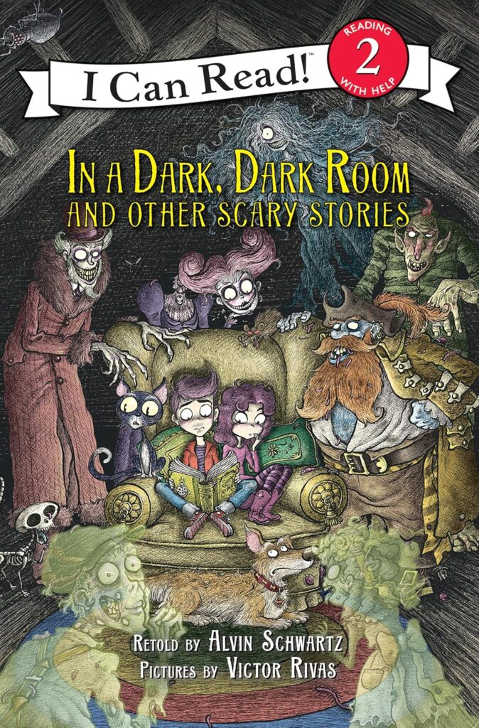 Book cover of "In a Dark, Dark Room and Other Scary Stories" by Alvin Schwartz – collection of simple, spooky tales for beginning readers