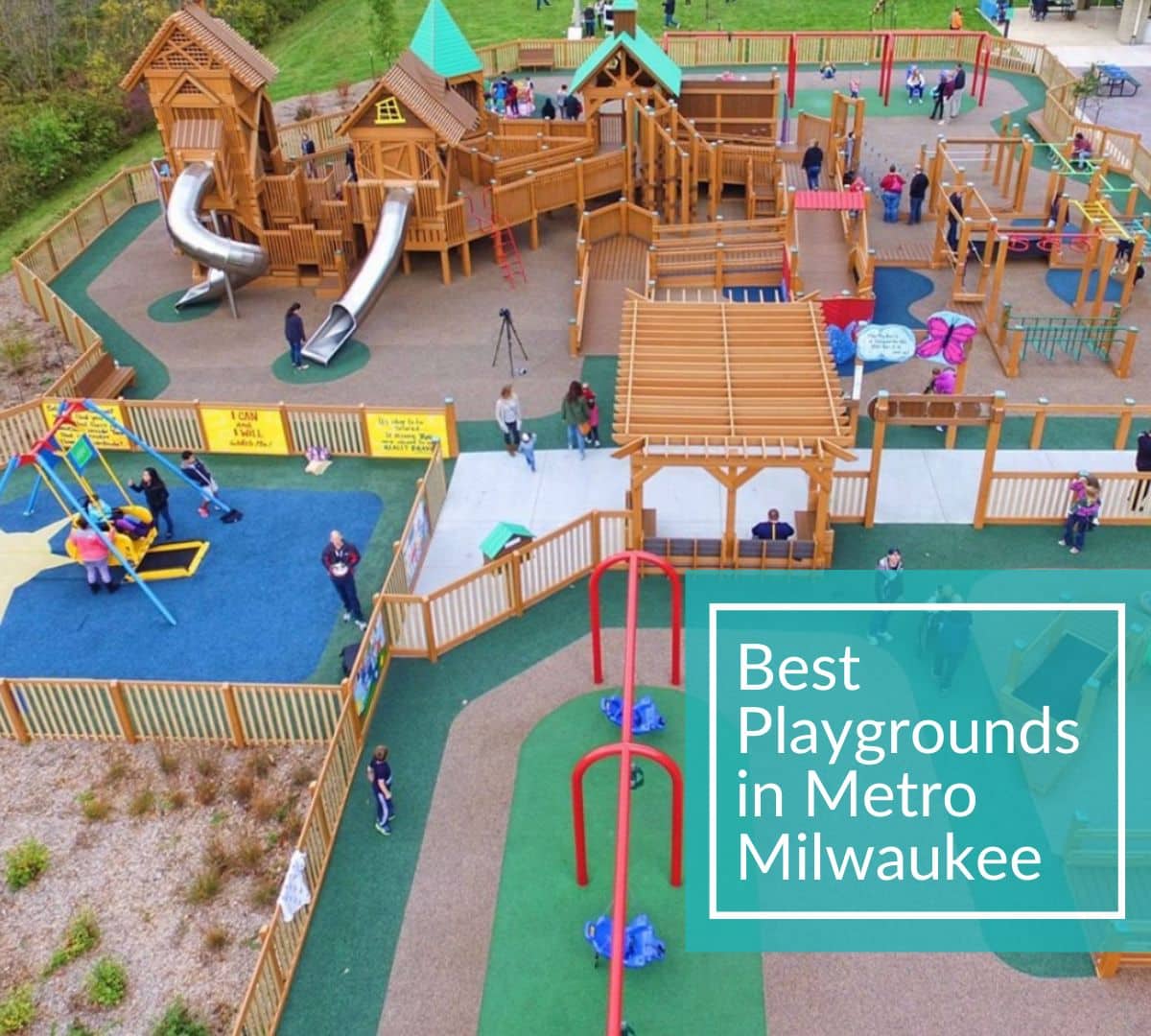 Aerial view of Kayla's Playground, a large wooden playground with slides, swings, and climbing structures, filled with families and children, with text overlay reading “Best Playgrounds in Metro Milwaukee."