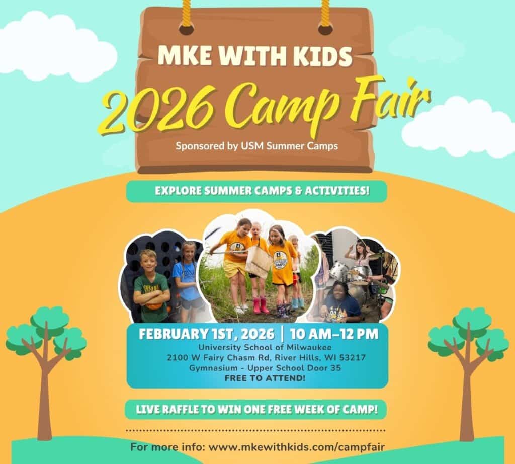 Flyer for Milwaukee With Kids 2026 Camp Fair where parents and kids can explore summer camps and activities happening around Wisconsin and the Midwest.
