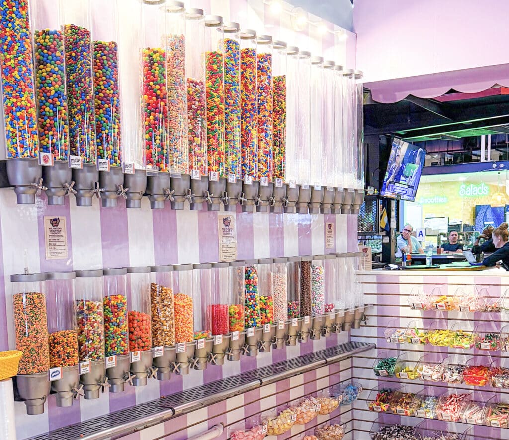 Clear tubes of colorful candy, all sourced from Wisconsin, at a new candy shop in 3rd Street Market Hall in Milwaukee.