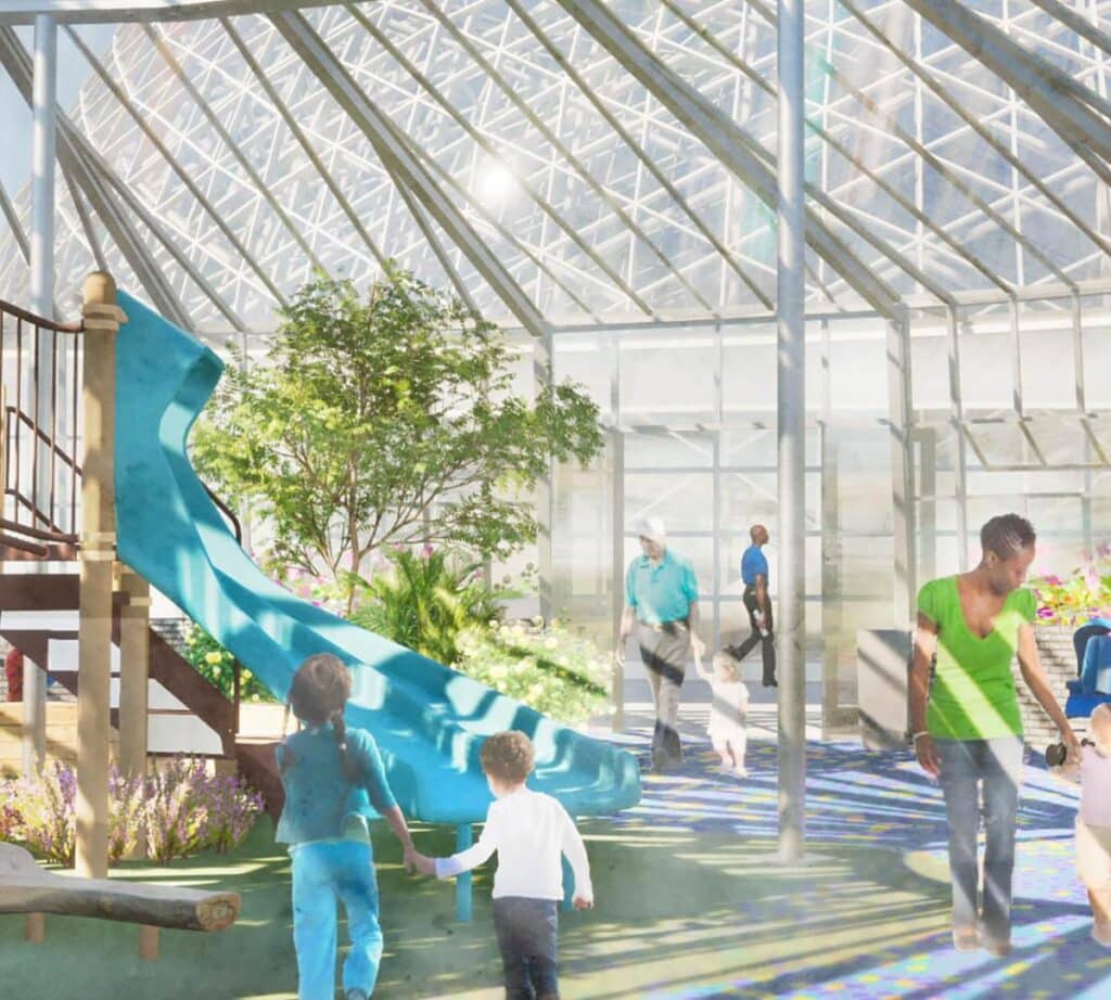 Illustration of an indoor children’s garden with a blue slide, trees, plants, and families walking and playing under a large glass-domed ceiling.