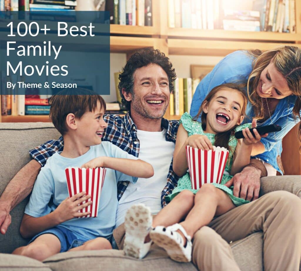 Family watching a movie together with popcorn – fun family movie night idea